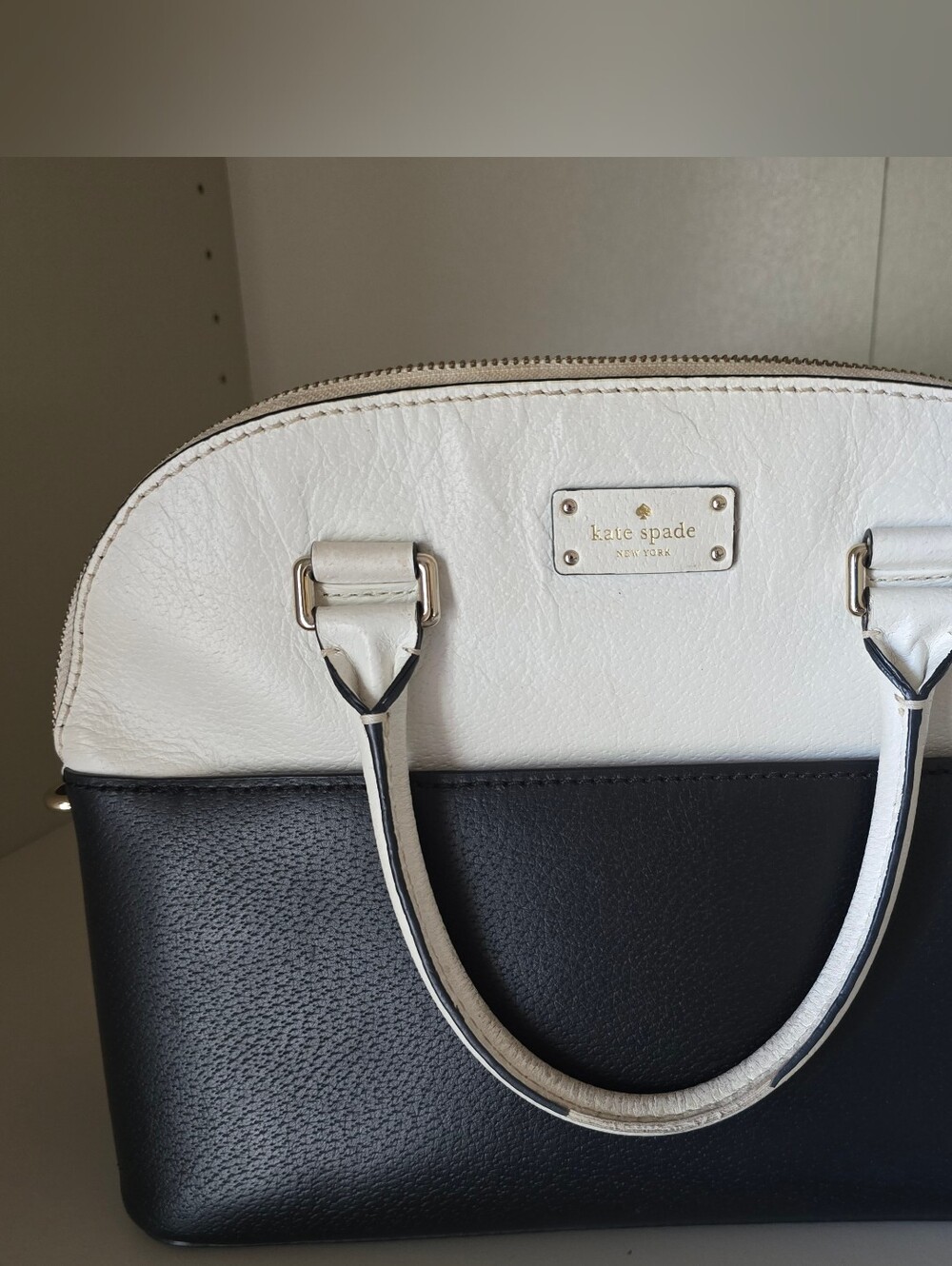 kate spade Two-Tone Black and White Leather Satchel with Gold Plaque